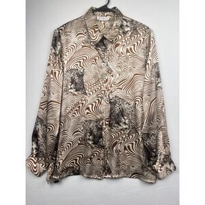 Cathy Che Womens 14 Satin Leopard Baroque Print Button Down Blouse